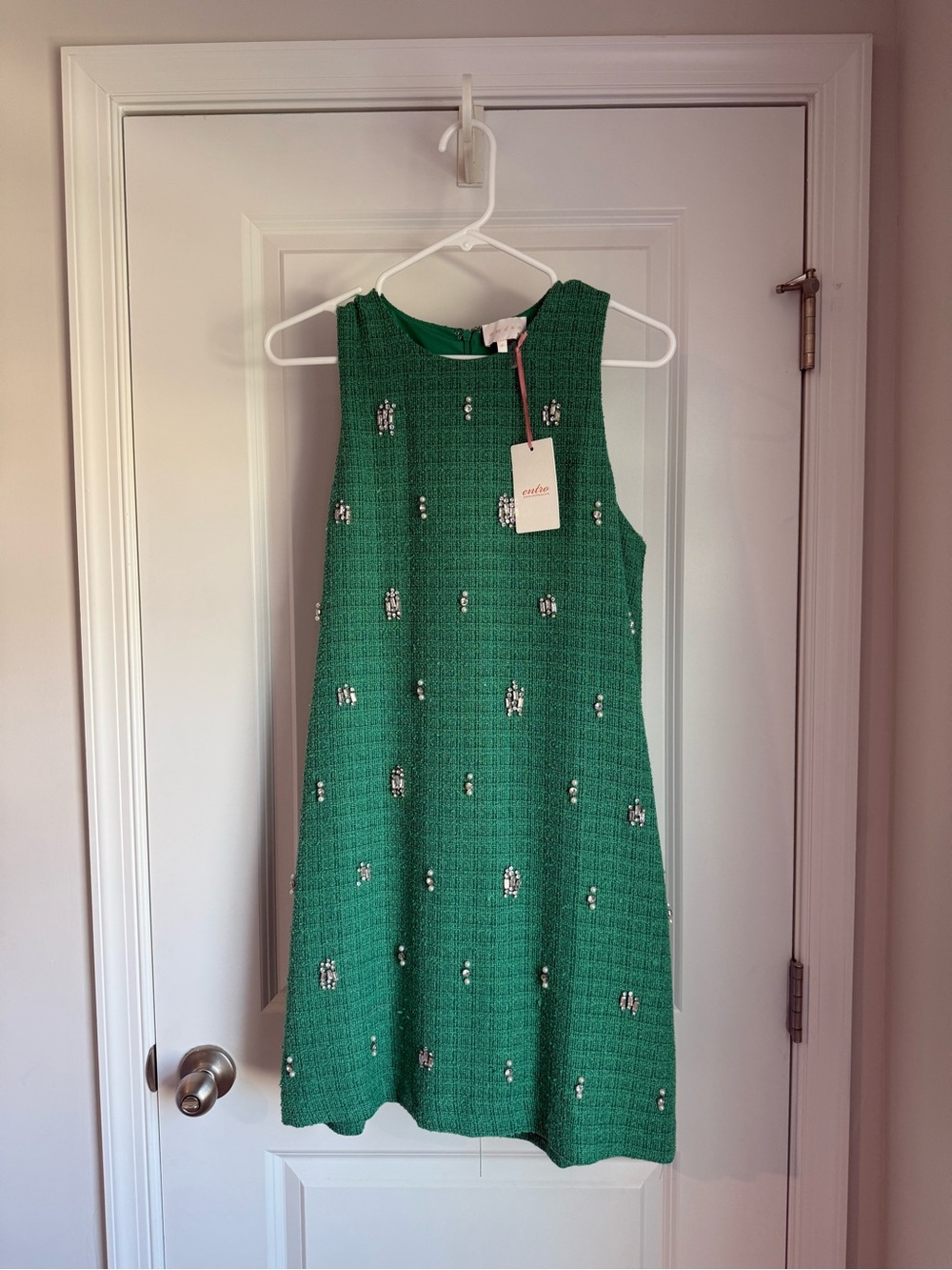 entro Emerald Green Jewelled Tweed A-Line Dress